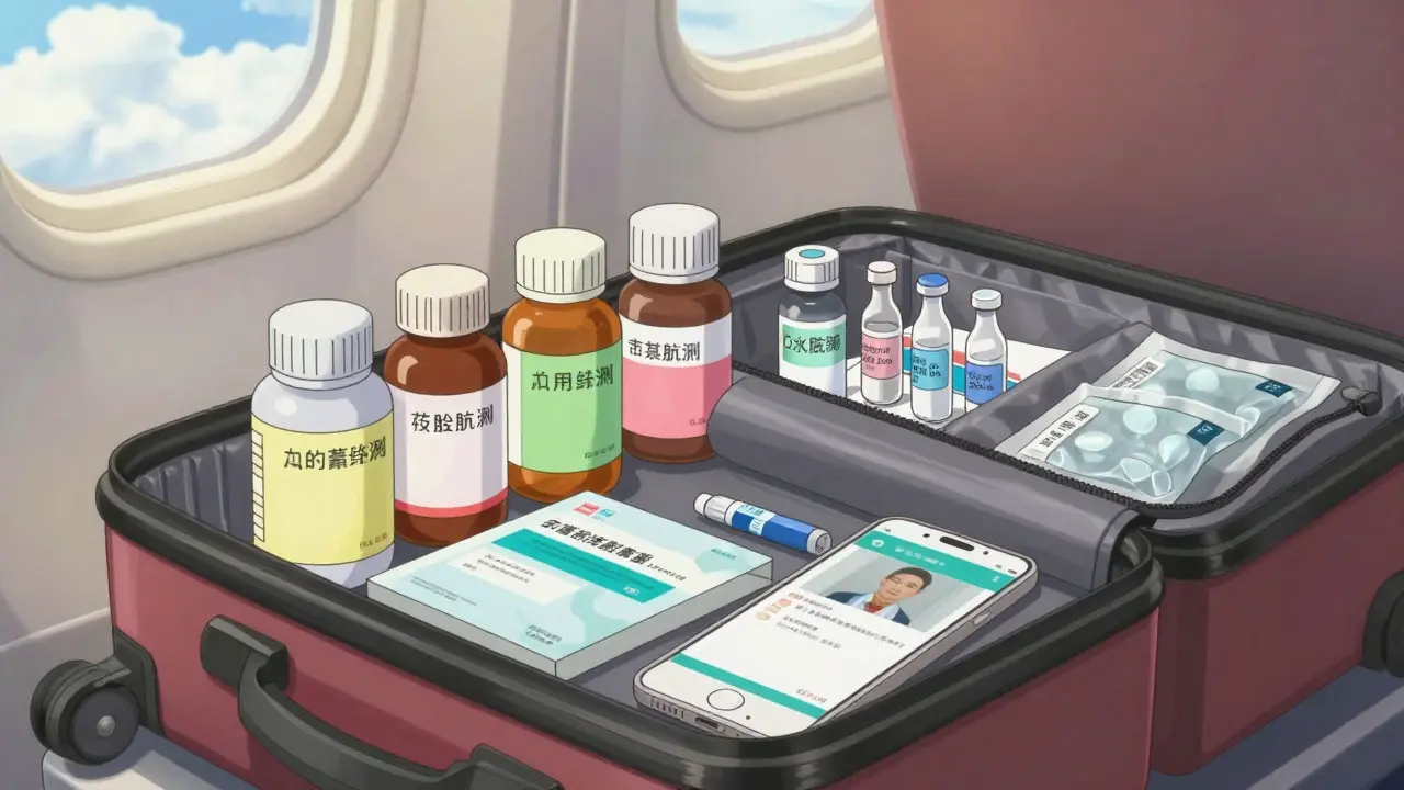 Open carry-on bag with labeled medicine bottles and insulin in anime art