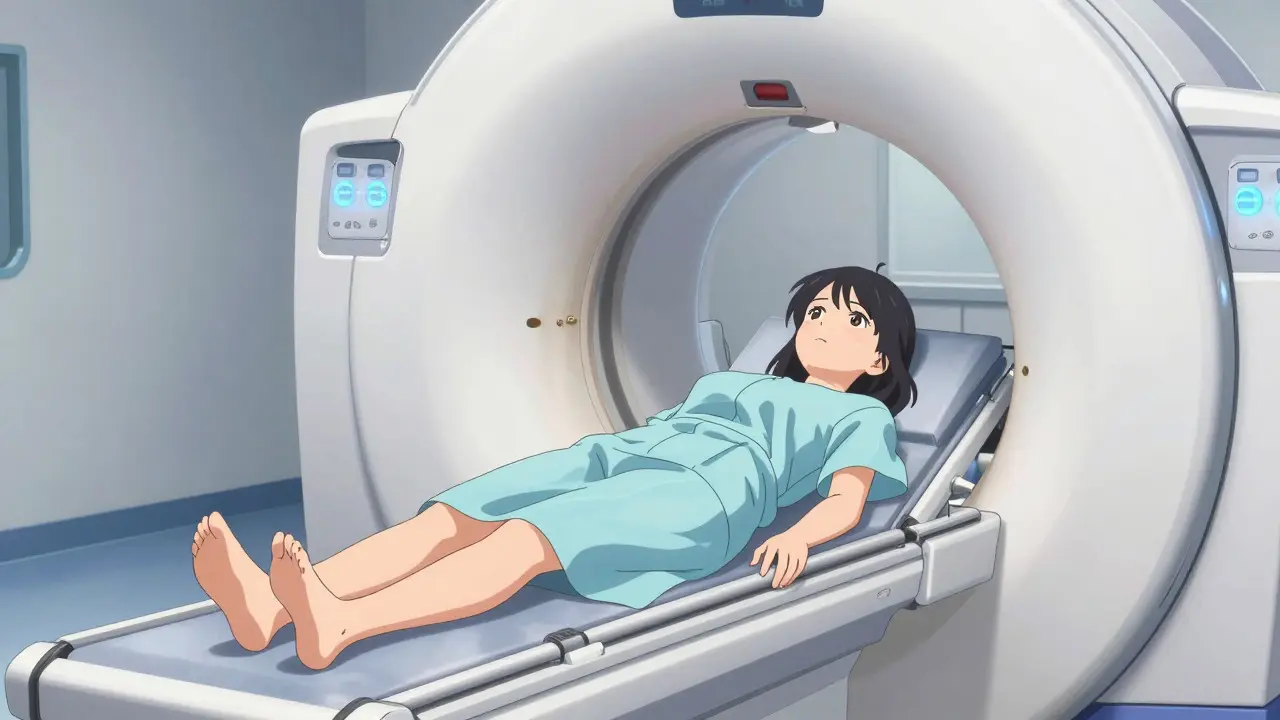 Patient undergoing a low-dose CT scan in a modern medical facility