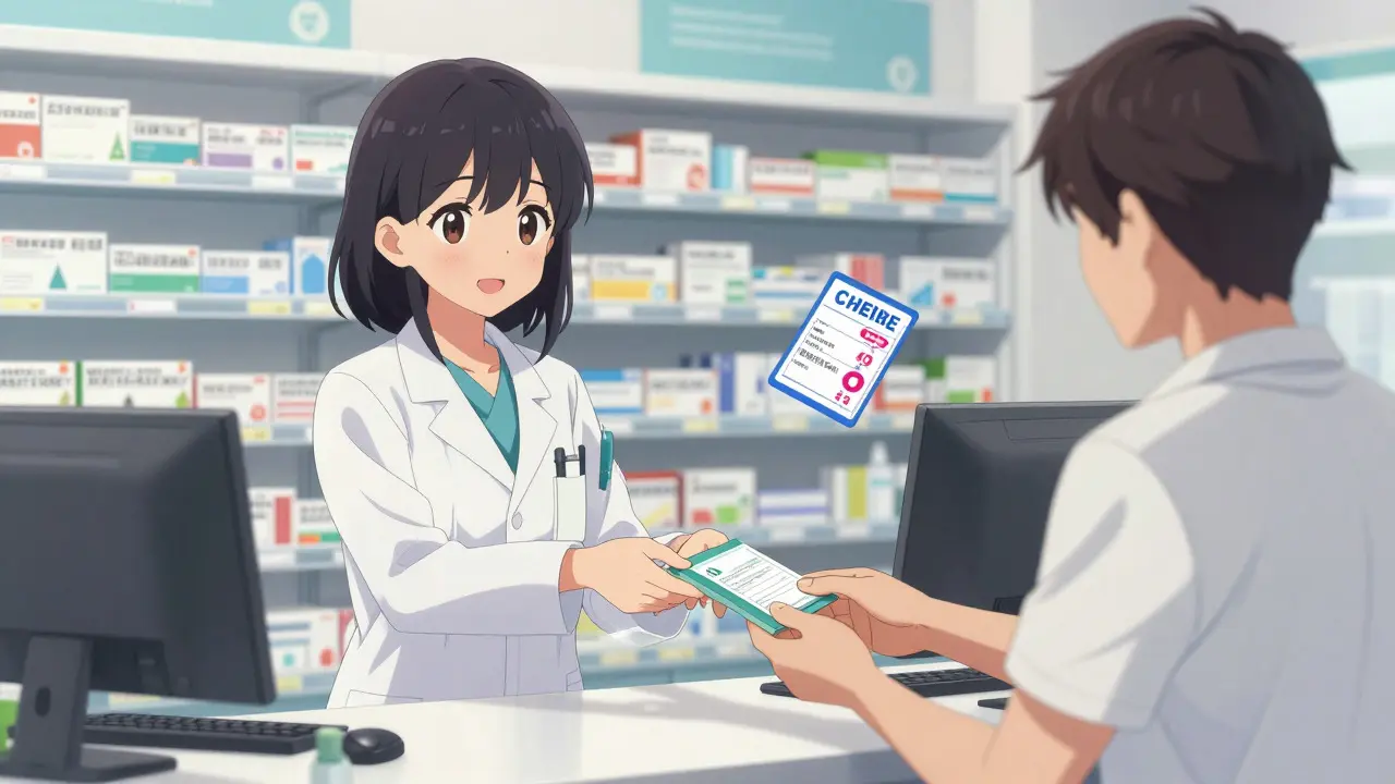Pharmacist handing prescription bag with discount coupon nearby