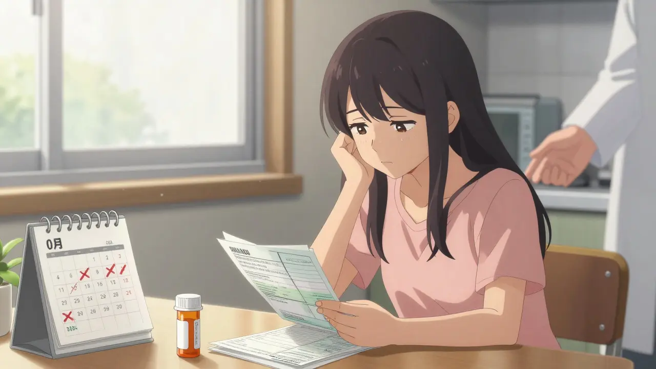 Stressed woman reviews medical bills at a sunlit table