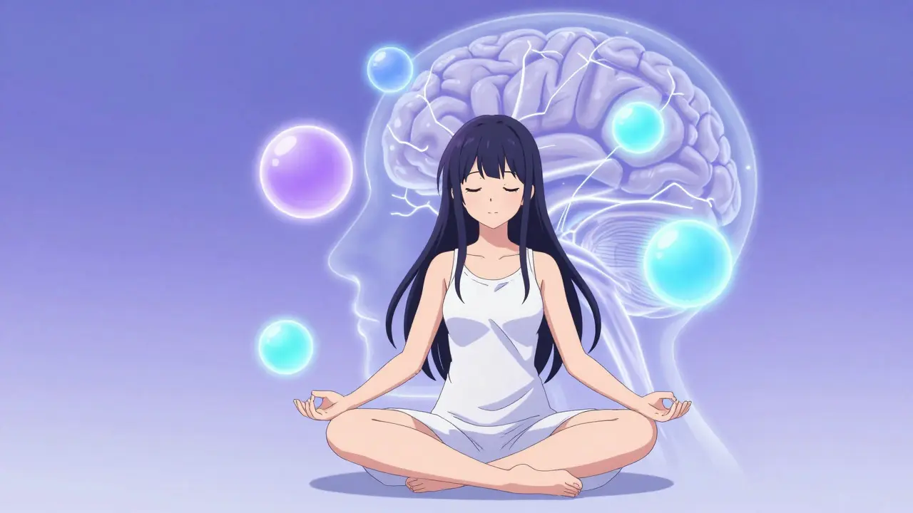 Stylized illustration of brain chemistry with glowing neurotransmitter orbs