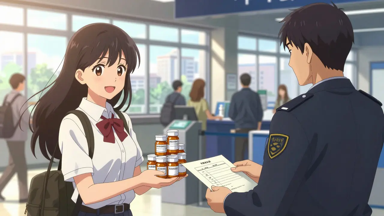Traveler presenting original medicine containers to customs officer in anime style