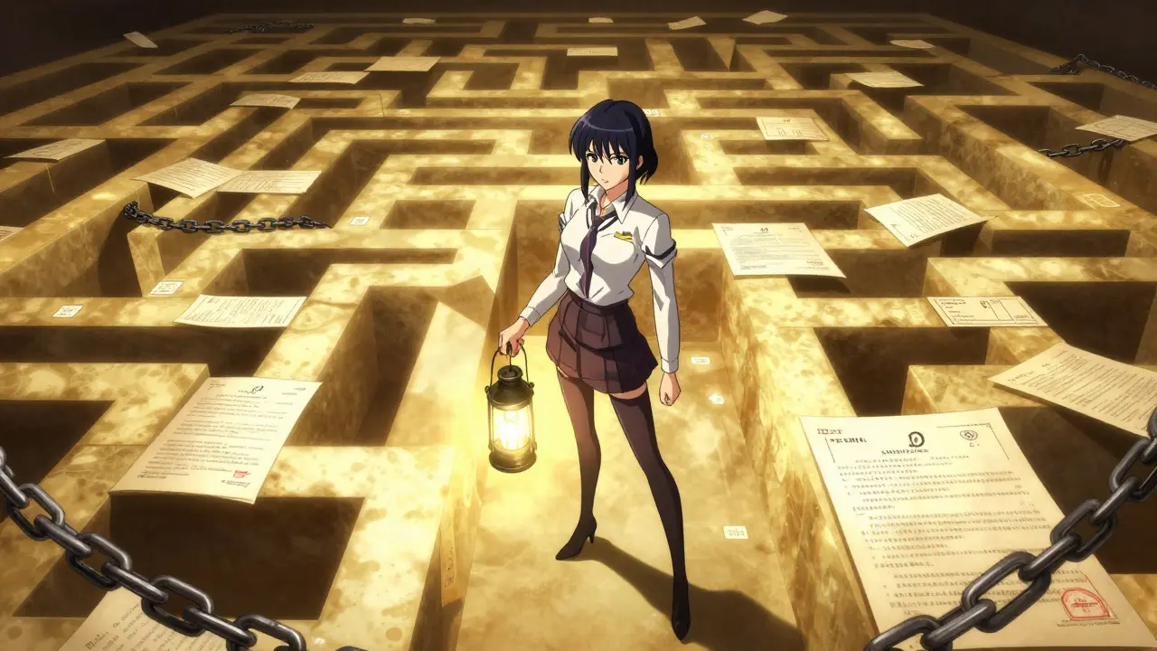 Woman faces a giant maze of patent documents in anime style