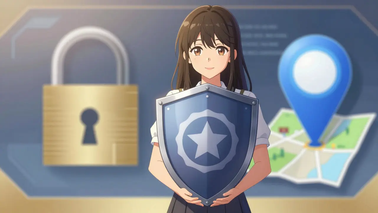 Woman holding safety shield with certification seal for trusted meds