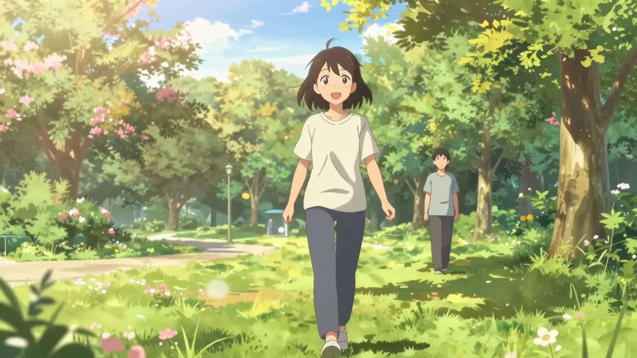 Woman walking confidently in a sunny park, symbolizing recovery