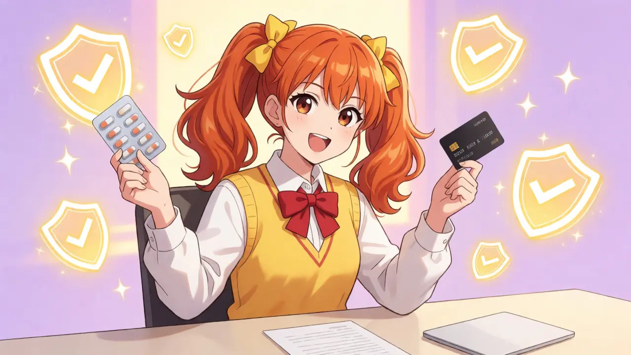 Anime character checking security icons while holding pills