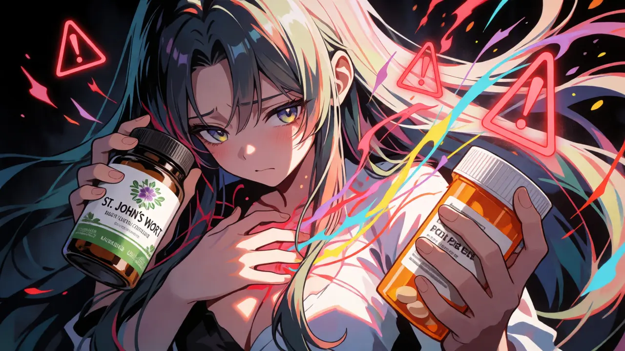 Anime character experiencing distress from dangerous herb and drug interactions.