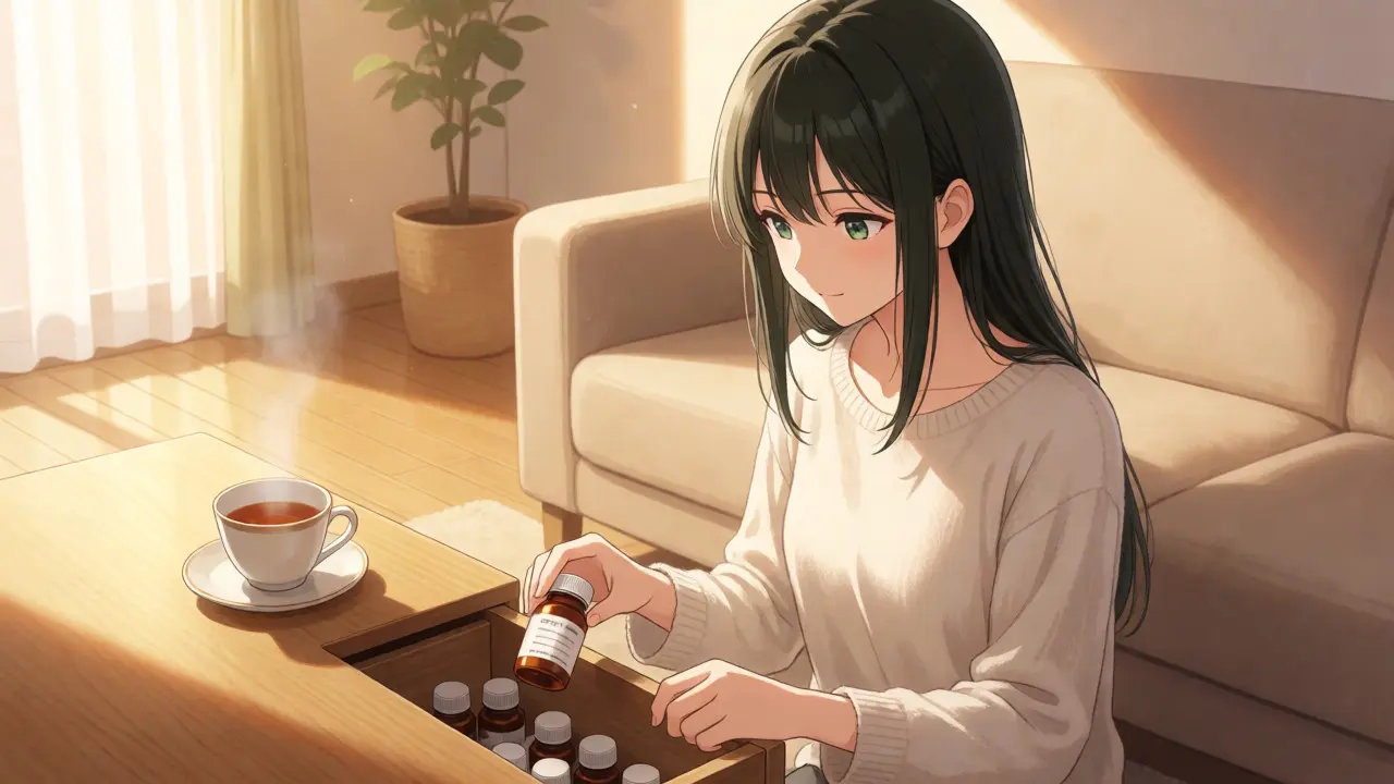 Anime woman storing medication in a sunlit room