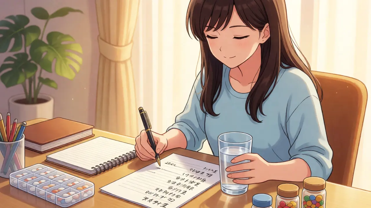 Calm anime woman organizing her medication schedule and supplements at home.